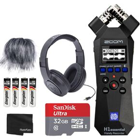 Zoom H1essential Handy Recorder Bundle with Over-Ear Stereo Headphones, 32GB microSDHC Card, Furry Microphone Windscreen, 4 AAA Batteries and Accessories