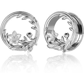 LADEMAYH 2 PCS Cute Flower Design Ear Plugs Tunnels Gauges for Women - Silver Stainless Steel 316L Body Piercing Basic Earrings for Stretched Earlobe 08mm=0g