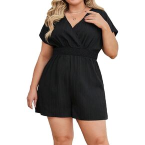 OYOANGLE Women's Plus Size Deep V Neck Short Sleeve High Waist Rompers Shorts Jumpsuit
