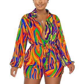 CaniBtr Women's Long Sleeve Rompers Sexy Deep V Neck Elastic Waisted Floral Print Shorts Jumpsuits One Piece Outfit