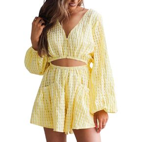 Tongmingyun Womens Summer Rompers Casual Long Sleeve V Neck Flowy Cutout Beach Short Jumpsuits with Pockets