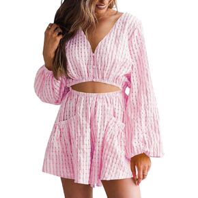 Tongmingyun Womens Summer Rompers Casual Long Sleeve V Neck Flowy Cutout Beach Short Jumpsuits with Pockets
