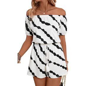 Milumia Women's Summer Off Shoulder Romper Colorblock Short Sleeve Knot Printed Shorts Jumpsuit