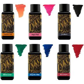 Diamine - 30ml Fountain Pen Ink - Color Wheel - 6 Pack - Autumn Oak, Hope Pink, Jet Black, Ultra Green, Majestic Blue, Red Dragon