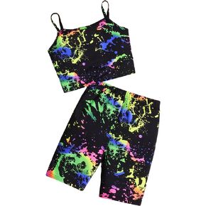 WDIRARA Girl's 2 Piece Kids Summer Outfits Sets Reflective Splash Ink Print Camisole and Biker Shorts Sets