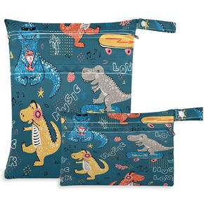 visesunny Music Lover Dinosaur 2Pcs Diaper Changing Totes Wet Bags with Zippered Pockets Washable Reusable Roomy Cloth Diaper for Travel,Beach,Daycare,Stroller,Dirty Gym Clothes,Wet Swimsuits,Toiletri