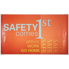 لافتة NMC BT45 التحفيزية والسلامة، Legend "SAFETY Comes 1st ARRIVE WORK GO HOME SAFE"، بطول 120 بوصة × ارتفاع 91.44 سم، من الفينيل، أزرق/أصفر على أحمر