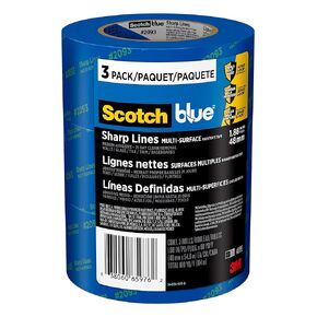 ScotchBlue Sharp Lines Multi-Surface Painter's Tape, 1.88 Inches x 60 Yards, 3 Rolls, Blue, Paint Tape Protects Surfaces and Removes Easily, Edge-Lock Painting Tape for Indoor and Outdoor Use