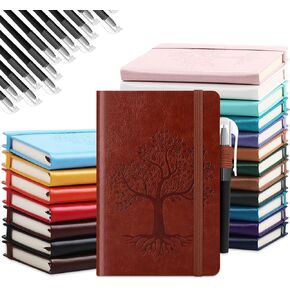 Estune Tree Small Notebooks Pen Leather Lined Pocket Subject Notebooks Hardcover Pocket Notepad Cute Ruled Leather Journals with Pen Holder for Men Women School Business, A6 (Stylish Color,60 Pcs)