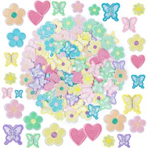 NICEVINYL Flower Embroidered Iron on Patches: Butterfly Pastel Applique Patches 100PCS