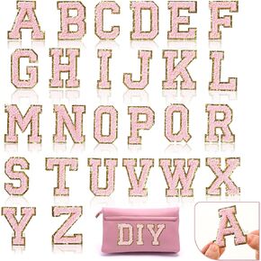 26 Piece Self Adhesive Chenille Letter Patches Varsity Letter Patches A-Z Glitter Iron on Alphabet Patches for Clothing Jeans Backpacks Hat DIY Supplies (Pink)