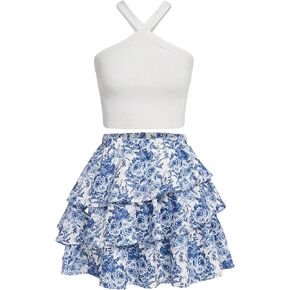 WDIRARA Girl's 2 Piece Summer Outfits Sets Floral Print Textured Ribbed Knit Halter Cami Top & Tiered Layer Skirt Sets