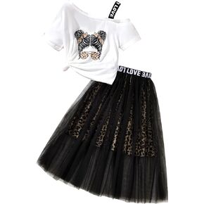Floerns Girl's Asymmetrical Neck Short Sleeve Tee with Skirt Set Two Piece Outfit