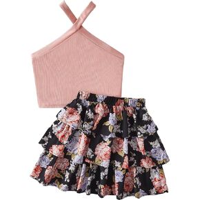 OYOANGLE Girl's 2 Piece Outfits Criss Cross Sleeveless Halter Crop Top and Floral Print Layered Skirt Set