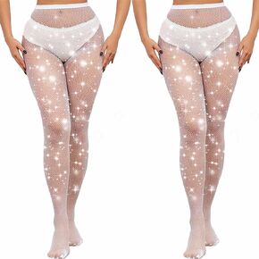 Olbye Fishnet Stockings Women’s Sparkly Rhinestone High Tights Sexy Concert Outfits Glitter Pantyhose Fishnets Leggings 2Pcs