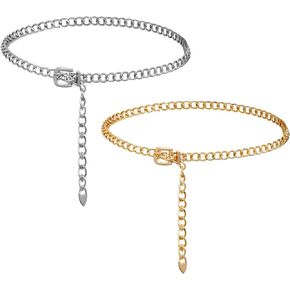 Pistha 2 Pieces Waist Chain Belts for Women Fashion Adjustable Gold and Silver Metal Body Chain Link Waist Belt for Dress
