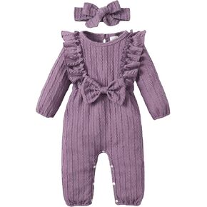 Happy Town Baby Girl Romper Infant Fall Winter Clothes Ruffle Sweater Long Sleeve Bodysuit Jumpsuit and Headband (Purple, 3-6 Months) in Kuwait