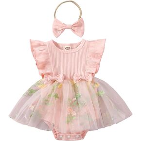 Madjtlqy Toddler Baby Girl Summer Clothes Outfits 3 6 12 18 Months Short Sleeve Mesh Romper Dress with Headband