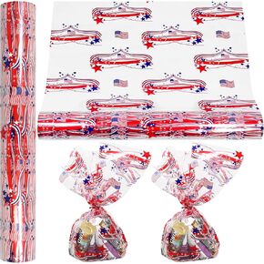 رول تغليف السيلوفان الرابع من يوليو | 100 قدم. طويل × 16 بوصة. واسعة | 2.3 مل لفافة تشيلو مع تصميمات علم الولايات المتحدة الأمريكية | لفافة لف السيلوفان لعيد الاستقلال للحلويات والهدايا والسلال | ورق تغليف حفلات الرابع من يوليو | لفافة السيلوفان الأمريكية in Kuwait