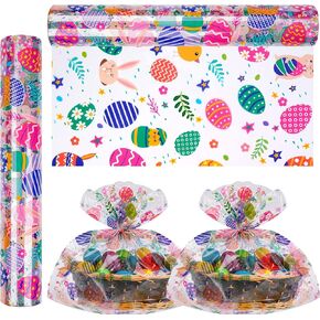 Cellophane Wrap Roll Easter Design（100’ Ft. Long X 32" in. Wide）2.3 Mil Easter Cellophane Bags Thick Crystal Clear with Special Easter Eggs Rabbit Cellophane Bags For Flower Wrapping, Gift Basket