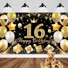 Happy Birthday Banner Backdrop Black and Gold - 71 x 43 IN Fabric - Large Happy Birthday Sign for Backdrop, Birthday Party Photo Background Decorations for Men Women
