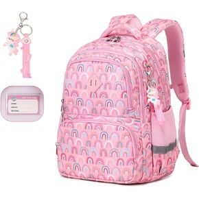MUSEVOS Kids Backpack, Kawaii Printed Girls Bookbags for Preschool, Lightweight School Backpack for Primary and Elementary and Kindergarten, Waterproof Teen Backpacks, Pink/Rainbow