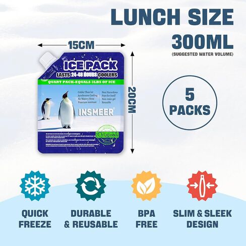 INSMEER Reusable Ice Packs for Lunch Bags - Long Lasting/Lightweight/Slim/Soft Gel Ice Packs for Small Cooler Camping, Picnic, Grocery Shopping, Travel (5 Pack) in Kuwait