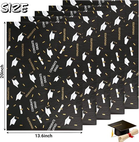 100 Sheets 2024 Graduation Tissue Paper for Gift Wrapping, 20 * 14 Inches Metallic Silver Gold Black Graduation Diploma cap patterned Decorative Tissue Paper for Grad Party Celebration in Saudi Arabia
