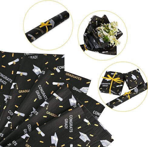 100 Sheets 2024 Graduation Tissue Paper for Gift Wrapping, 20 * 14 Inches Metallic Silver Gold Black Graduation Diploma cap patterned Decorative Tissue Paper for Grad Party Celebration in Saudi Arabia