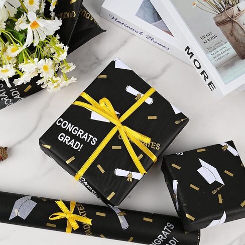 100 Sheets 2024 Graduation Tissue Paper for Gift Wrapping, 20 * 14 Inches Metallic Silver Gold Black Graduation Diploma cap patterned Decorative Tissue Paper for Grad Party Celebration in Saudi Arabia