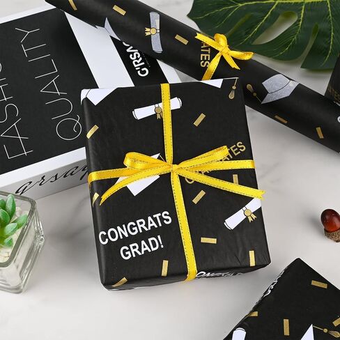 100 Sheets 2024 Graduation Tissue Paper for Gift Wrapping, 20 * 14 Inches Metallic Silver Gold Black Graduation Diploma cap patterned Decorative Tissue Paper for Grad Party Celebration in Saudi Arabia