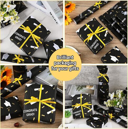 100 Sheets 2024 Graduation Tissue Paper for Gift Wrapping, 20 * 14 Inches Metallic Silver Gold Black Graduation Diploma cap patterned Decorative Tissue Paper for Grad Party Celebration in Saudi Arabia