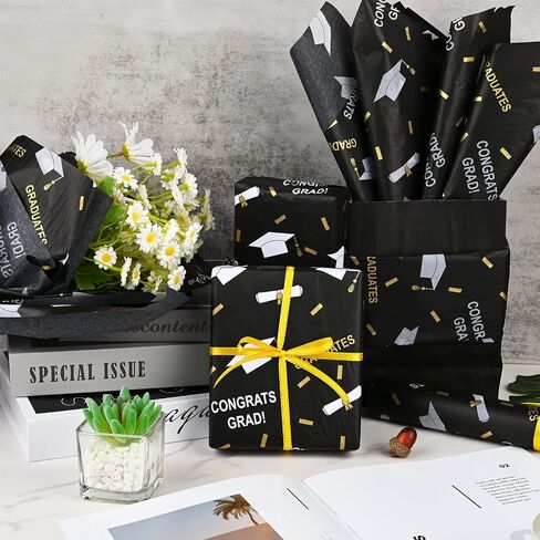 100 Sheets 2024 Graduation Tissue Paper for Gift Wrapping, 20 * 14 Inches Metallic Silver Gold Black Graduation Diploma cap patterned Decorative Tissue Paper for Grad Party Celebration in Saudi Arabia