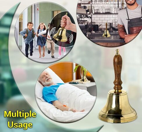 جرس يدوي من ARSUK للبالغين، مقبض خشبي، أجراس رنين كبيرة للشخص المريض، كبار السن، المعلمين، المرضى، الزفاف، سانتا، عيد الميلاد، الخدمات 23.8 × 10.7 × 10.5، 240 جم (4 بوصات نحاسية) in Kuwait