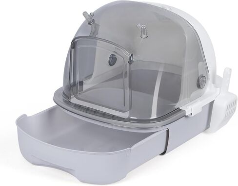 Cat Litter Box Enclosure, Sifting Cat Litter Tray with Shield and Scoop, Hooded Kitty Litter Pan with Lid for Pine Pellets Transparent Cover in Kuwait
