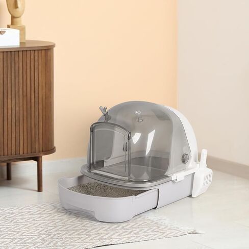 Cat Litter Box Enclosure, Sifting Cat Litter Tray with Shield and Scoop, Hooded Kitty Litter Pan with Lid for Pine Pellets Transparent Cover in Kuwait