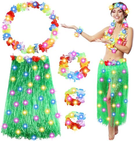 Liitrsh Hawaii Luau Hula Grass Skirt with Light Flower 31.5 Inches Hawaiian Elastic Double Layer Thickened Hula Set for Adult Women Girls Green Dance Skirts Party Costume Set Luau Decorations Supplies in Saudi Arabia
