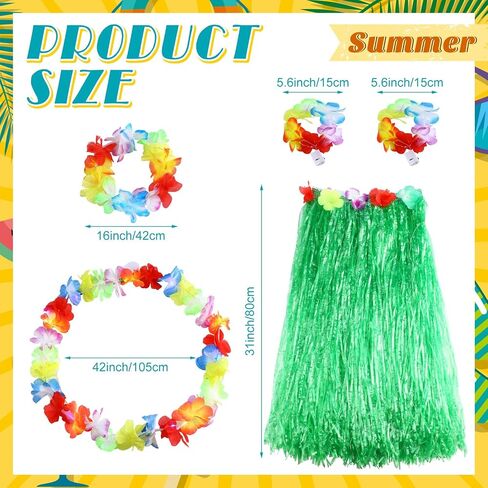 Liitrsh Hawaii Luau Hula Grass Skirt with Light Flower 31.5 Inches Hawaiian Elastic Double Layer Thickened Hula Set for Adult Women Girls Green Dance Skirts Party Costume Set Luau Decorations Supplies in Saudi Arabia