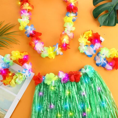 Liitrsh Hawaii Luau Hula Grass Skirt with Light Flower 31.5 Inches Hawaiian Elastic Double Layer Thickened Hula Set for Adult Women Girls Green Dance Skirts Party Costume Set Luau Decorations Supplies in Saudi Arabia