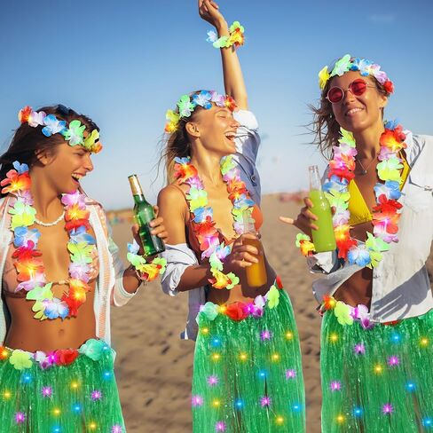 Liitrsh Hawaii Luau Hula Grass Skirt with Light Flower 31.5 Inches Hawaiian Elastic Double Layer Thickened Hula Set for Adult Women Girls Green Dance Skirts Party Costume Set Luau Decorations Supplies in Saudi Arabia