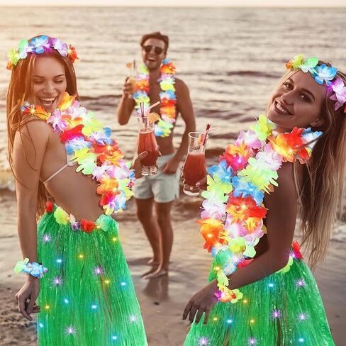 Liitrsh Hawaii Luau Hula Grass Skirt with Light Flower 31.5 Inches Hawaiian Elastic Double Layer Thickened Hula Set for Adult Women Girls Green Dance Skirts Party Costume Set Luau Decorations Supplies in Saudi Arabia