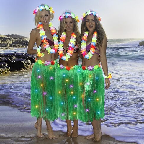 Liitrsh Hawaii Luau Hula Grass Skirt with Light Flower 31.5 Inches Hawaiian Elastic Double Layer Thickened Hula Set for Adult Women Girls Green Dance Skirts Party Costume Set Luau Decorations Supplies in Saudi Arabia