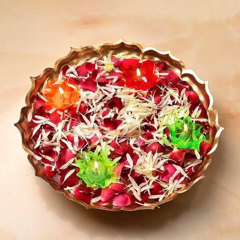 Satvik 13 Inch Metal Lotus Shape Urli With 12 Pc Multicolor Reflecting Diya Festive Diwali Decorations Housewarming Items Handcrafted Bowl for Floating Flowers Tea Light for Home, Spa, Office & Table in Saudi Arabia