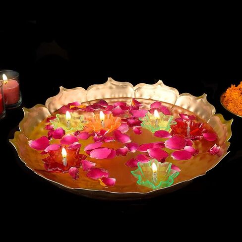 Satvik 13 Inch Metal Lotus Shape Urli With 12 Pc Multicolor Reflecting Diya Festive Diwali Decorations Housewarming Items Handcrafted Bowl for Floating Flowers Tea Light for Home, Spa, Office & Table in Saudi Arabia