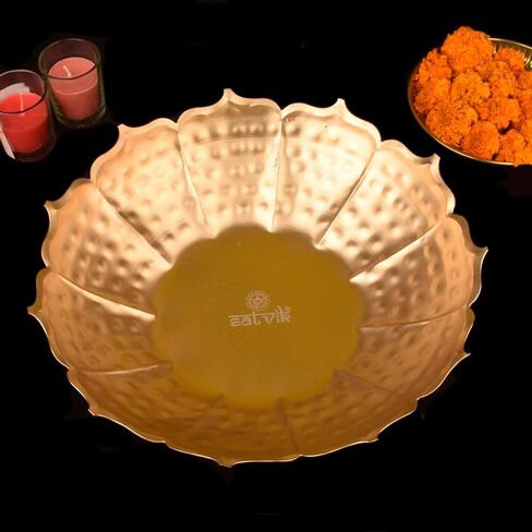 Satvik 13 Inch Metal Lotus Shape Urli With 12 Pc Multicolor Reflecting Diya Festive Diwali Decorations Housewarming Items Handcrafted Bowl for Floating Flowers Tea Light for Home, Spa, Office & Table in Saudi Arabia
