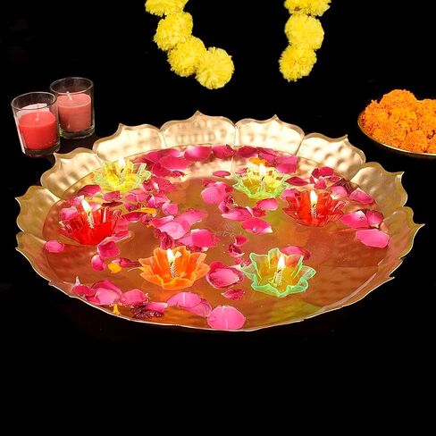 Satvik 13 Inch Metal Lotus Shape Urli With 12 Pc Multicolor Reflecting Diya Festive Diwali Decorations Housewarming Items Handcrafted Bowl for Floating Flowers Tea Light for Home, Spa, Office & Table in Saudi Arabia