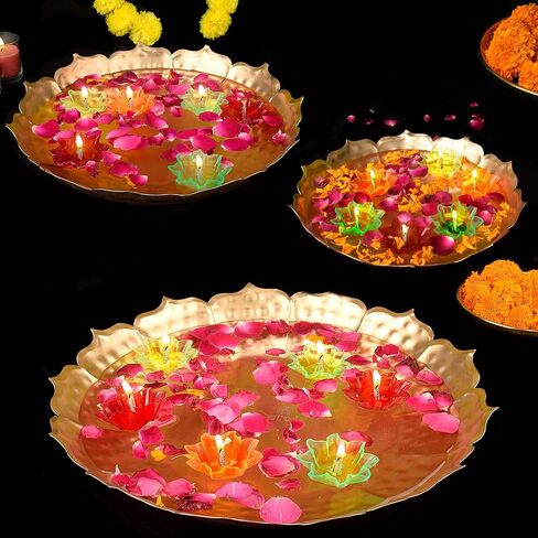 Satvik 13 Inch Metal Lotus Shape Urli With 12 Pc Multicolor Reflecting Diya Festive Diwali Decorations Housewarming Items Handcrafted Bowl for Floating Flowers Tea Light for Home, Spa, Office & Table in Saudi Arabia