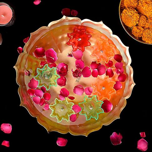Satvik 13 Inch Metal Lotus Shape Urli With 12 Pc Multicolor Reflecting Diya Festive Diwali Decorations Housewarming Items Handcrafted Bowl for Floating Flowers Tea Light for Home, Spa, Office & Table in Saudi Arabia