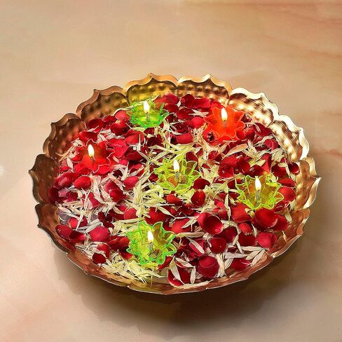 Satvik 13 Inch Metal Lotus Shape Urli With 12 Pc Multicolor Reflecting Diya Festive Diwali Decorations Housewarming Items Handcrafted Bowl for Floating Flowers Tea Light for Home, Spa, Office & Table in Saudi Arabia