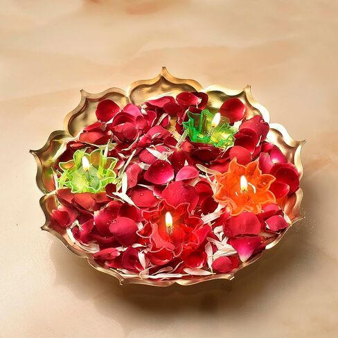 Satvik 13 Inch Metal Lotus Shape Urli With 12 Pc Multicolor Reflecting Diya Festive Diwali Decorations Housewarming Items Handcrafted Bowl for Floating Flowers Tea Light for Home, Spa, Office & Table in Saudi Arabia